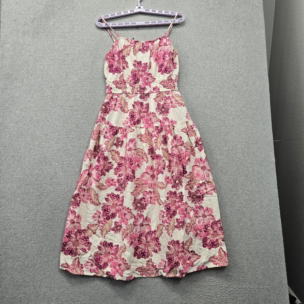 Old Navy Women Dress S Pink Floral Midi Fit & Flare Linen Blend Sleeveless